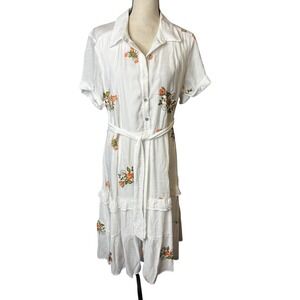 Fig + Flower White Floral Embroidered Shirt Dress Midi Tiered Belted Large